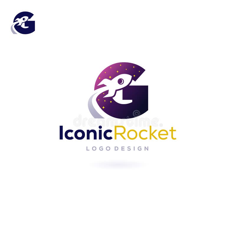 Letter G Rocket Logo spaceship launch into galaxy vector illustration