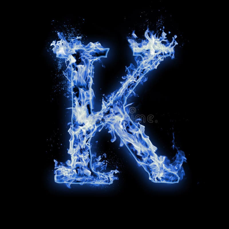 Letter K. Blue fire flames on black