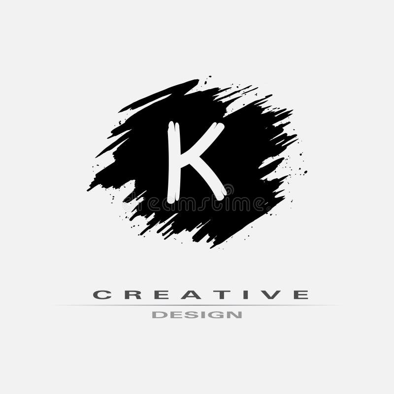 Letter K Logo with Brush Stroke and Splatter Elements. Handwritten