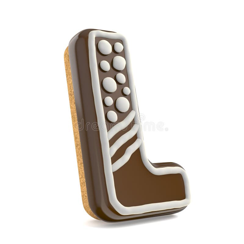 Letter L chocolate Christmas gingerbread font decorated with white lines and points. 3D