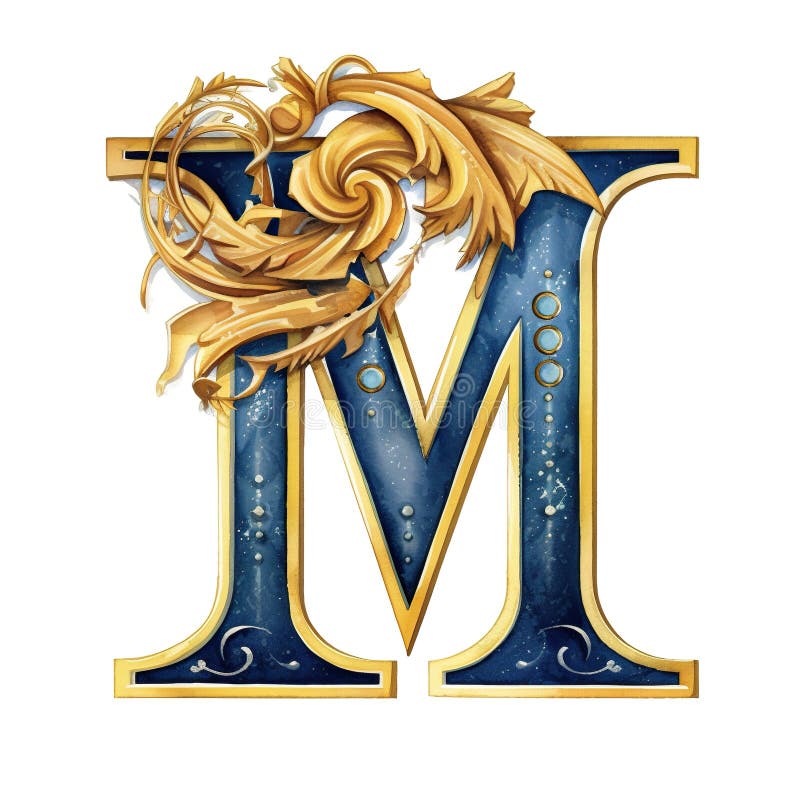 The letter m is decorated with gold and blue. Generative AI image. royalty free illustration