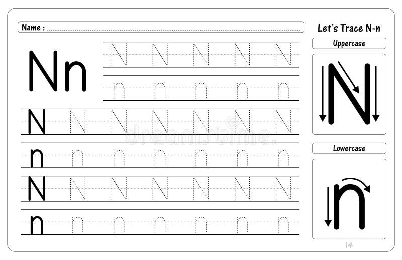 letter n tracing and writing worksheets stock vector illustration of language learn 204888213