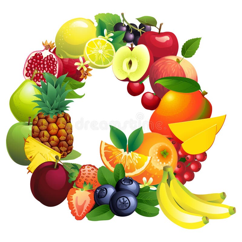 Letter Q Composed of Different Fruits with Leaves Stock Vector