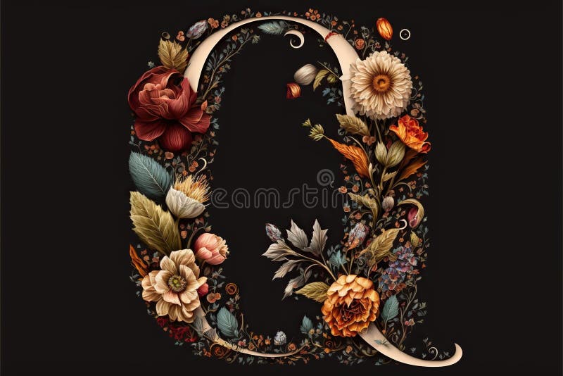 Letter Q Flower Pattern, Created with Generative AI Technology Stock