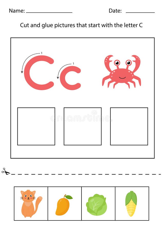 Letter Recognition for Kids. Cut and Glue. Letter C. Stock Vector ...