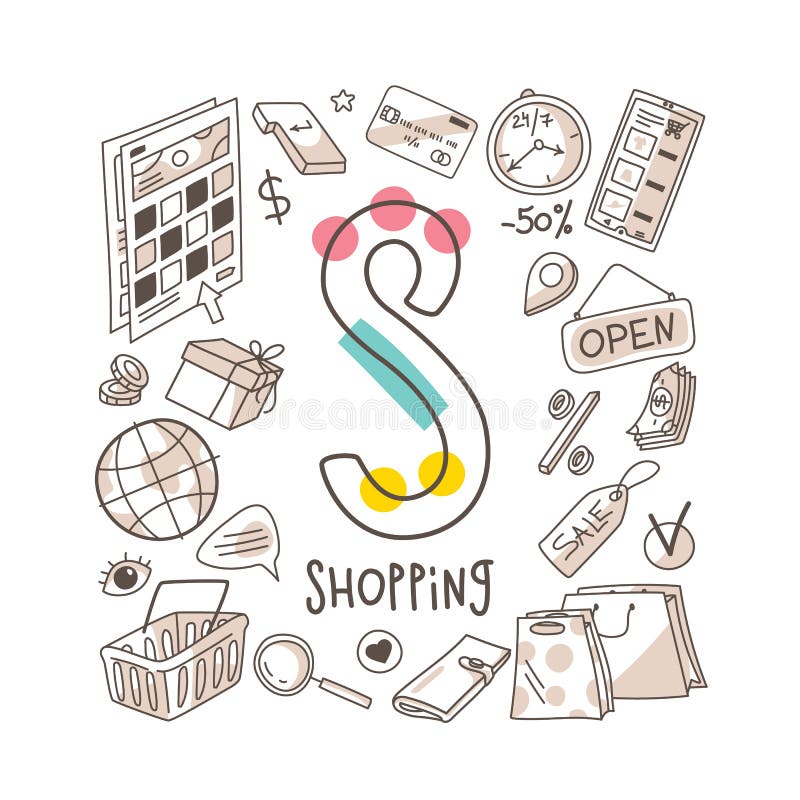 Letter S - Shopping, cute alphabet series in doodle style vector illustration