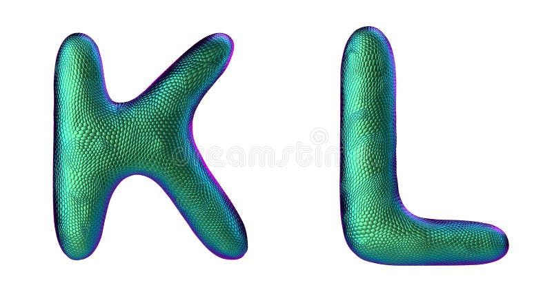 Letter set K, L made of realistic 3d render natural green snake skin texture.