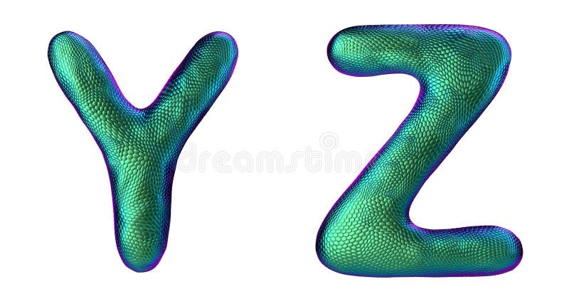 Letter set Y, Z made of realistic 3d render natural green snake skin texture.