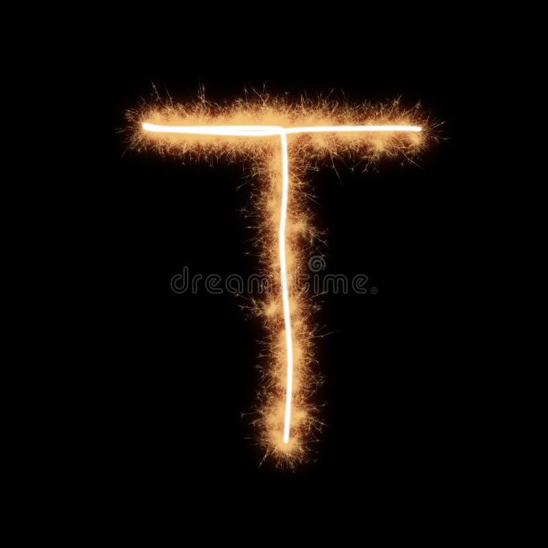 Letter T of alphabet written by squib sparks on a black background. Letter T of alphabet written by squib sparks on a black background