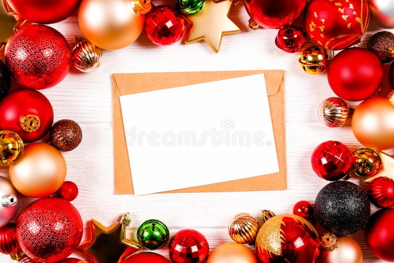 Christmas mood concept. Festive background for winter holidays. Letter to santa concept. Festive flat lay composition with blank invitation for new year stock images Christmas mood concept. Festive background for winter holidays. Letter to santa concept. Festive flat lay composition with blank invitation for new year stock images
