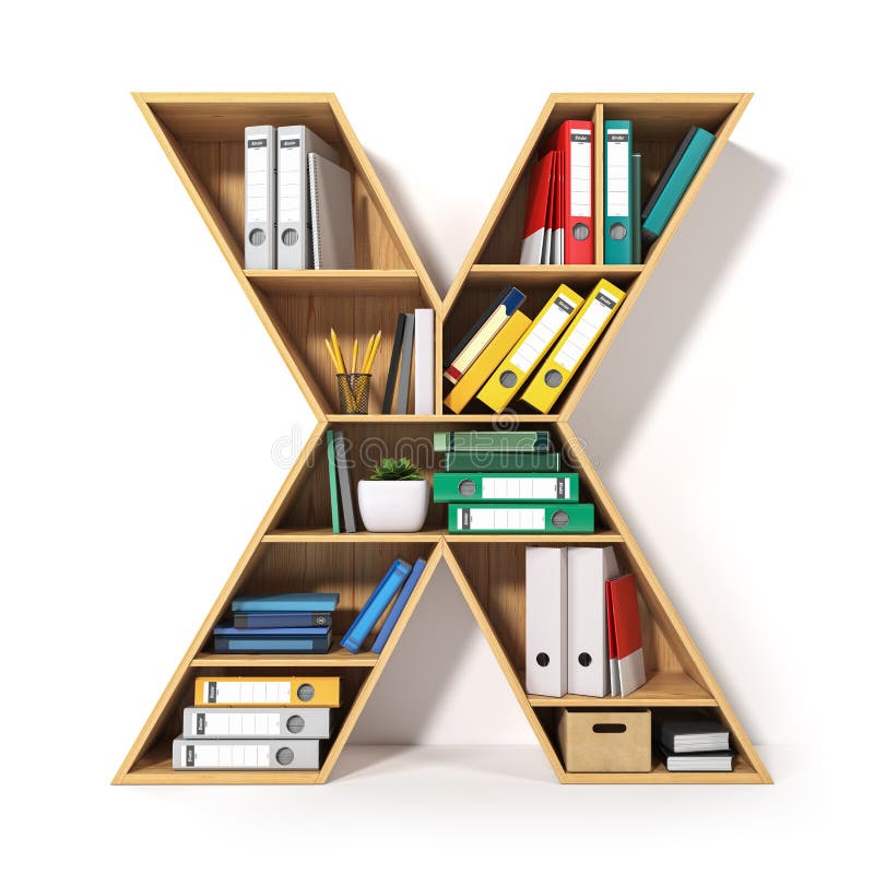 Letter X. Alphabet in the form of shelves with file folder, binders and books isolated on white. Archival, stacks of documents at
