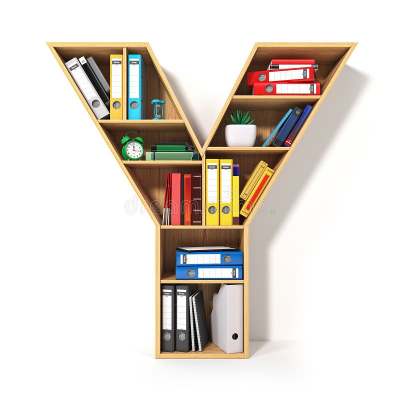 Letter Y. Alphabet in the form of shelves with file folder, binders and books isolated on white. Archival, stacks of documents at