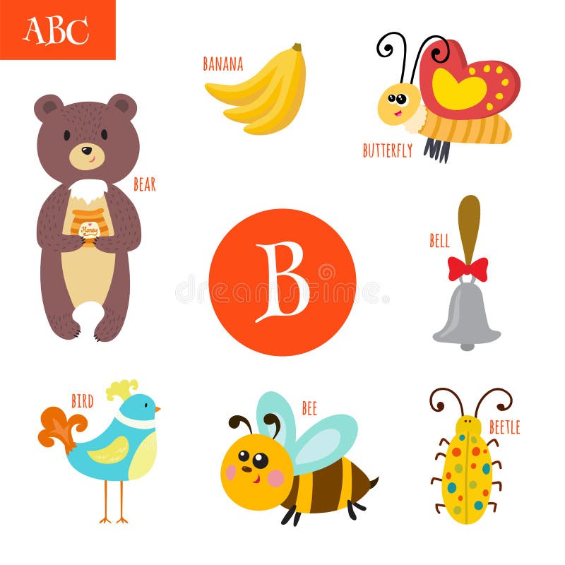 Lettera B Alfabeto del fumetto per i bambini Orso, ape, campana, uccello, illustrazione di stock Lettera B Alfabeto del fumetto per i bambini Orso, ape, campana, uccello, illustrazione di stock