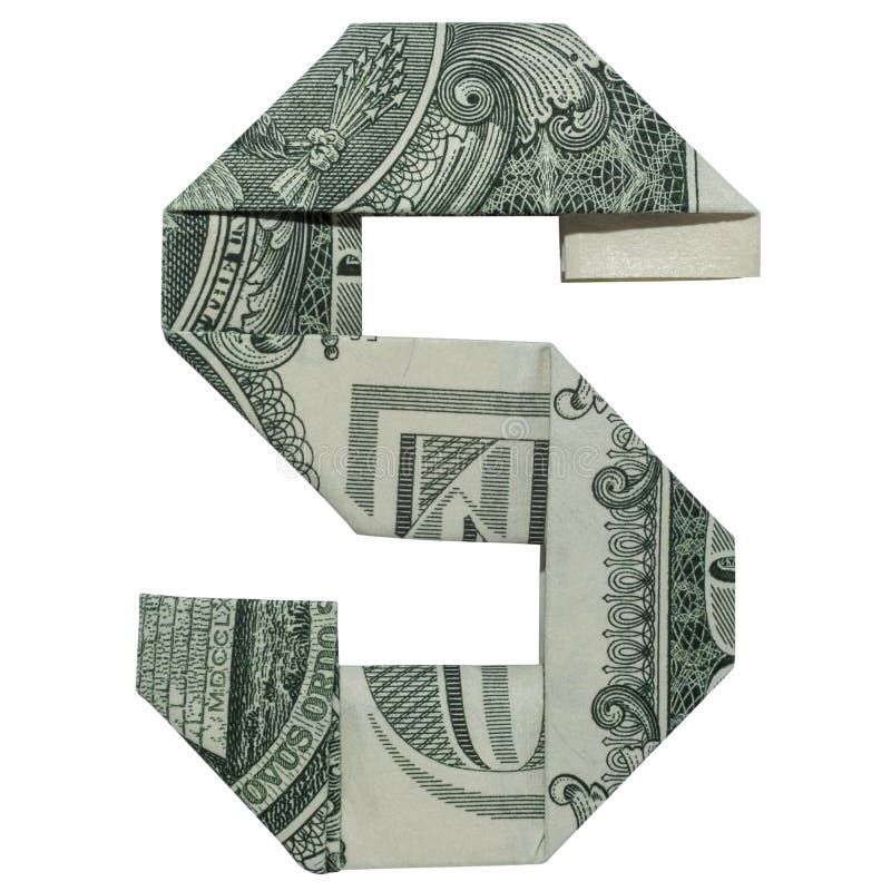Lettera originale di moneta piegata con una banconota da un dollaro, isolata su fondo bianco fotografia stock