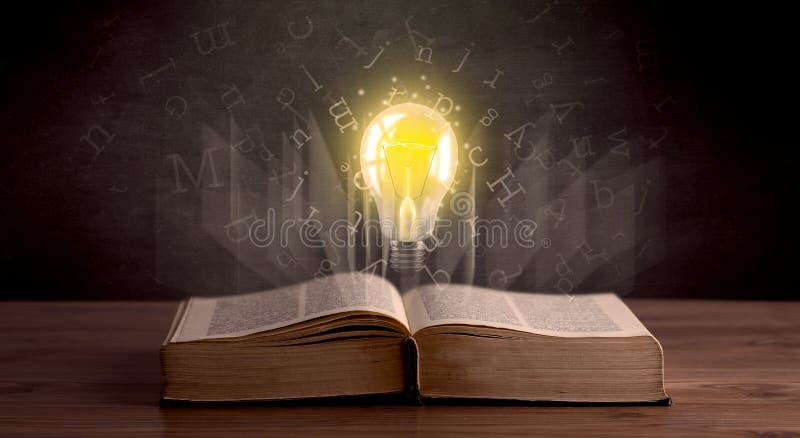 Shiny alphabet letters and yellow lightbulb hovering over open book. Shiny alphabet letters and yellow lightbulb hovering over open book