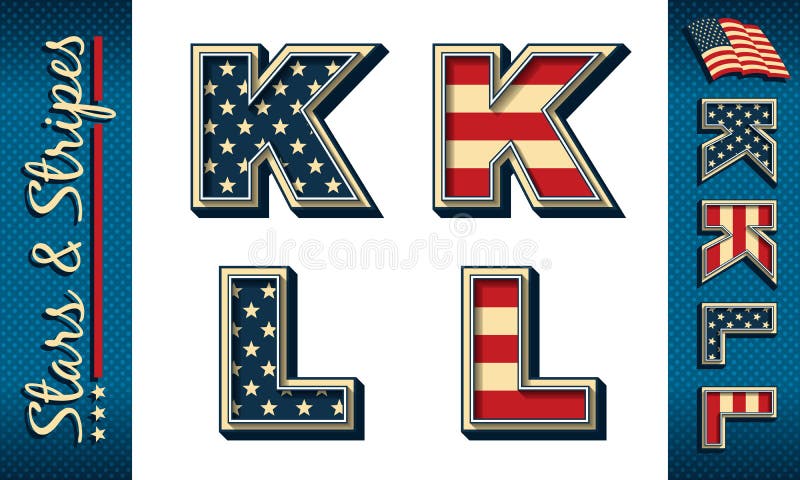 Lettere k e l. iniziali stilizzate con elementi di bandiera usa