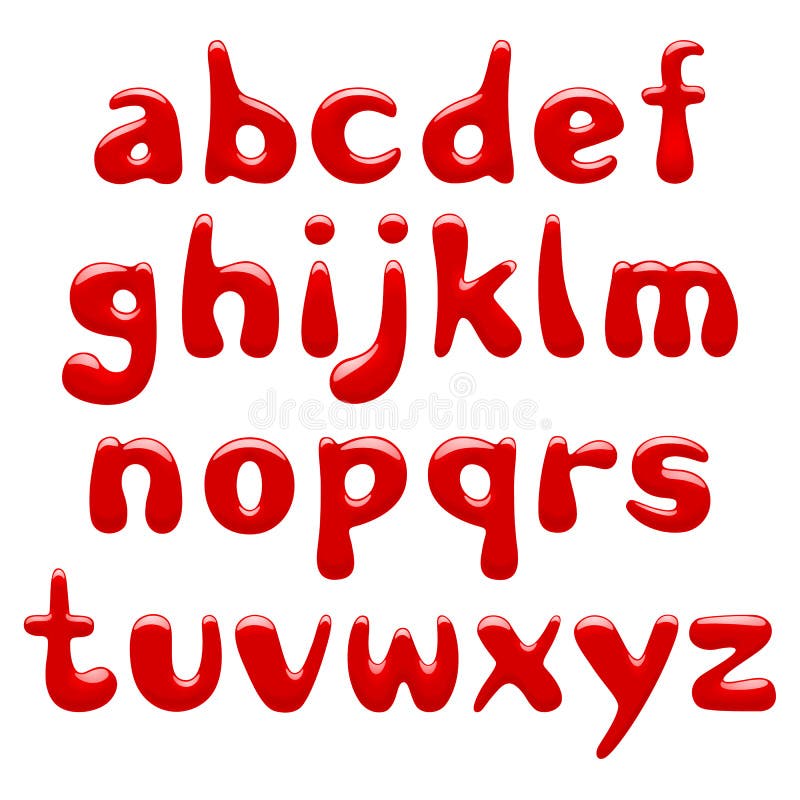 Lettere minuscole di alfabeto lucido rosso isolate su fondo bianco illustrazione di stock