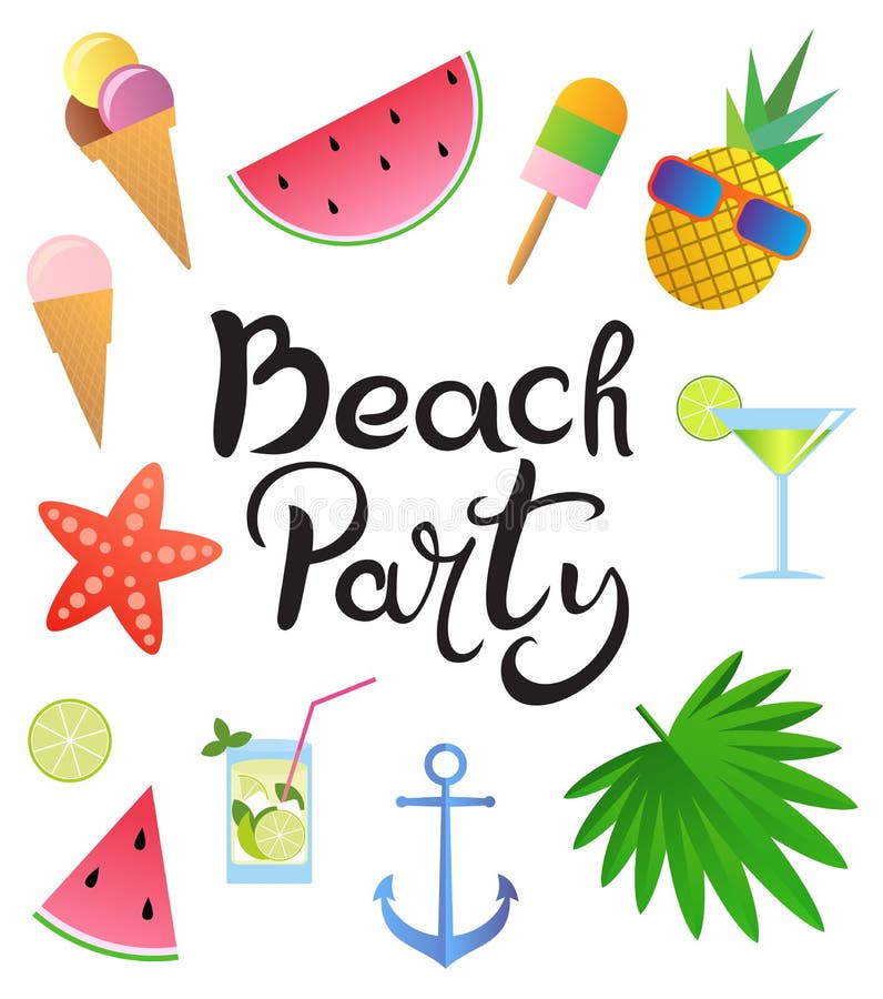 lettering strandpartij Hand getrokken inschrijving, watermeloen, cocktails, ananas, zeester, glazen, roomijs, palmbladen, ancho stock illustratie lettering strandpartij Hand getrokken inschrijving, watermeloen, cocktails, ananas, zeester, glazen, roomijs, palmbladen, ancho stock illustratie