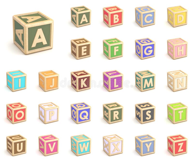 Letters collection wooden alphabet blocks font rotated. 3D render illustration on white background