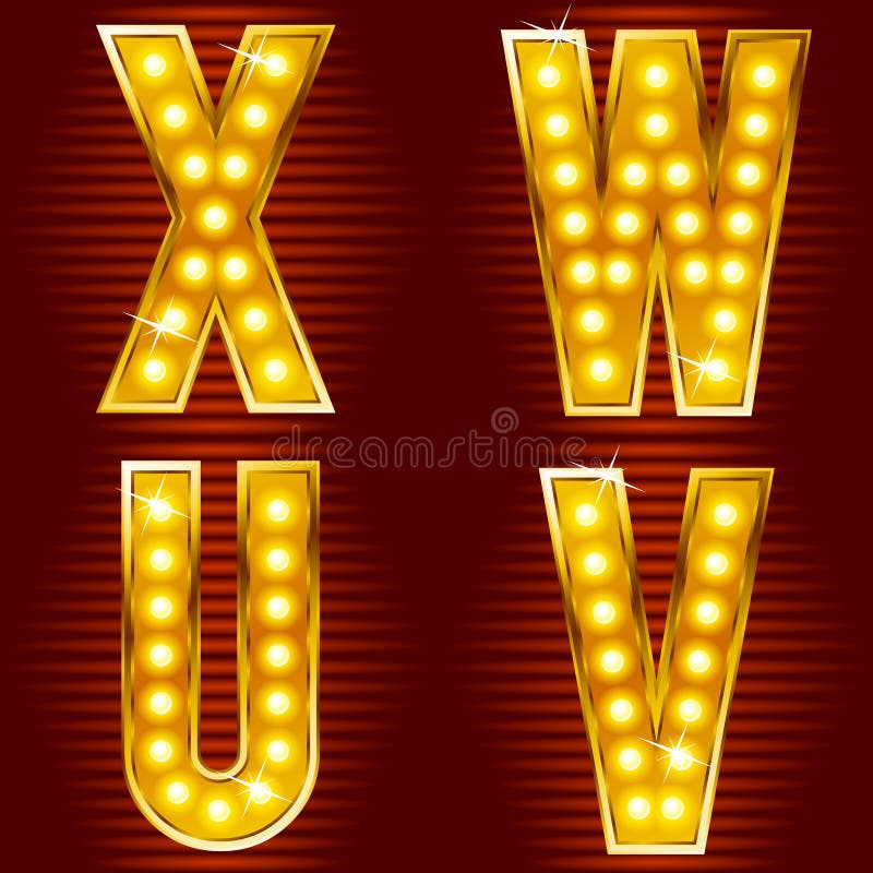A set of symbols for signs, such as a casino or cinema in the form of letters with lamps. Golden poker vectors