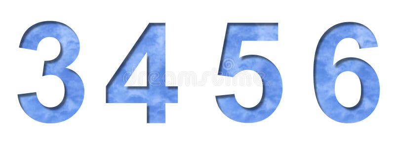 Font on blue sky. The digits 3 4 5 6 cut out of paper on a background of a bright blue sky with light clouds. Set of decorative natural fonts. Font on blue sky. The digits 3 4 5 6 cut out of paper on a background of a bright blue sky with light clouds. Set of decorative natural fonts.