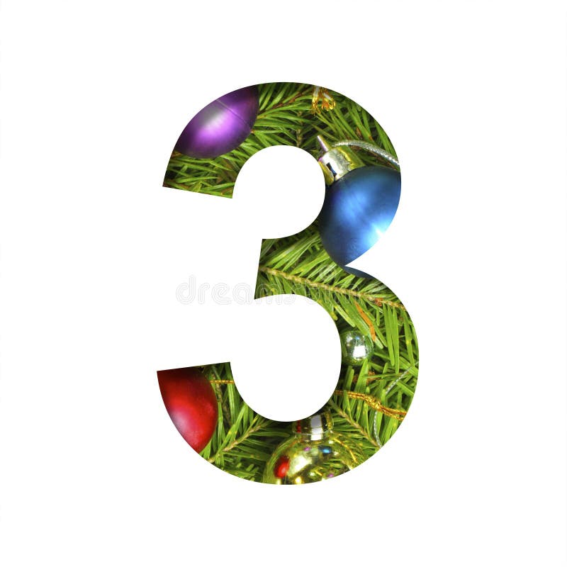 Font on Сhristmas tree. The digit three, 3 cut out of paper on a background fresh Сhristmas tree with colored balls. Set of decorative holidays fonts. Font on Сhristmas tree. The digit three, 3 cut out of paper on a background fresh Сhristmas tree with colored balls. Set of decorative holidays fonts.