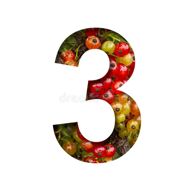 Font on red currant. Digit three, 3 cut out of paper on the background of bright ripe bunches of red currants berries. Fruit or berry decorative alphabet, font collection. Font on red currant. Digit three, 3 cut out of paper on the background of bright ripe bunches of red currants berries. Fruit or berry decorative alphabet, font collection.