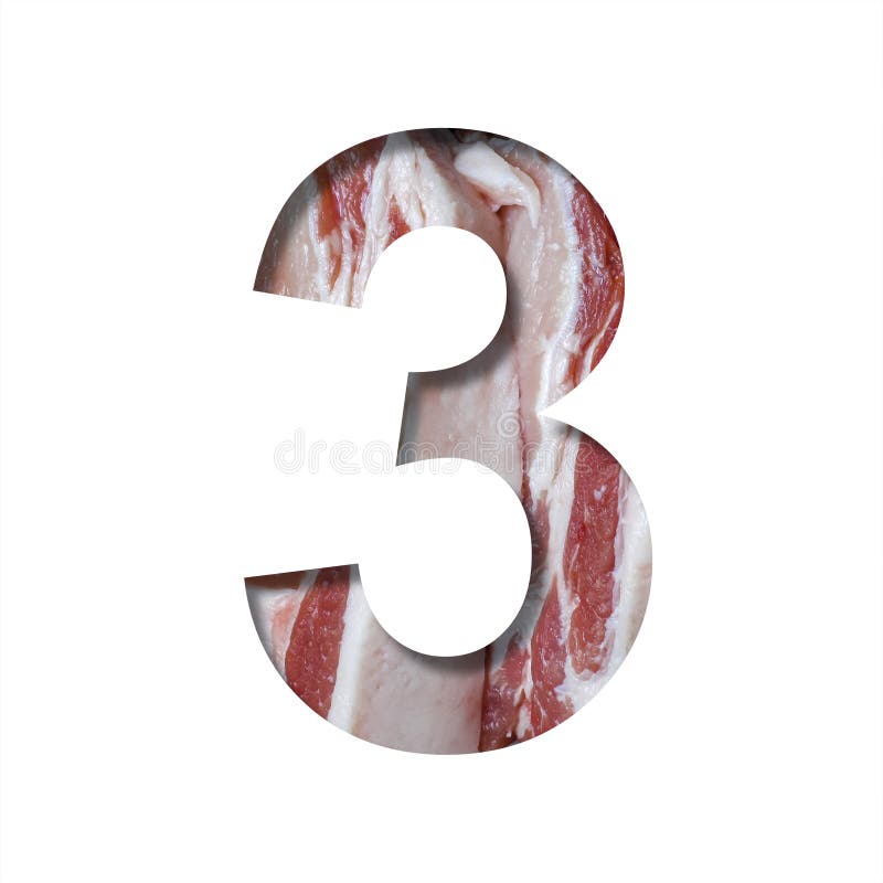 Fresh meat font. The digit three, 3 cut out of paper on a background of raw fresh bacon. Set of decorative food fonts. Fresh meat font. The digit three, 3 cut out of paper on a background of raw fresh bacon. Set of decorative food fonts.