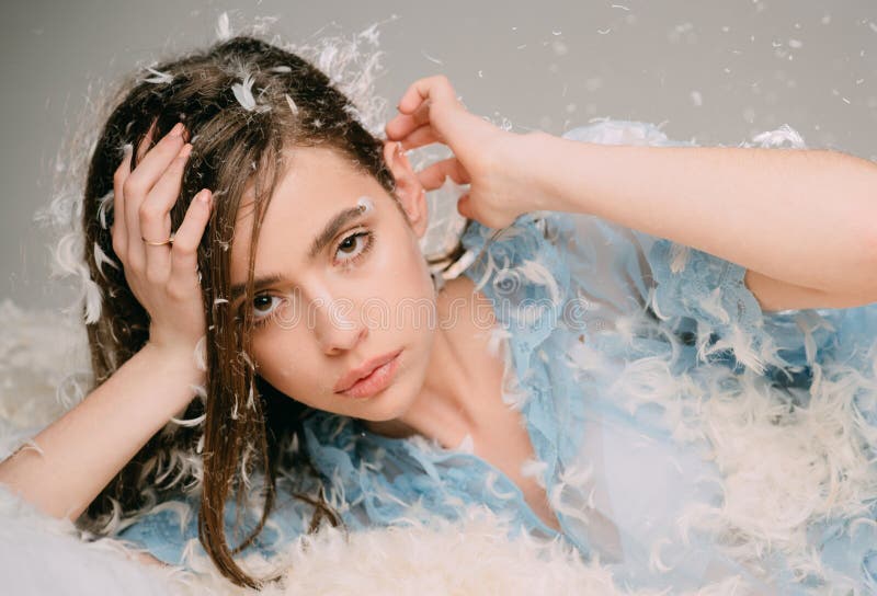 Letting skin breath naturally. Wearing pajamas to sleep well. Young woman in sleep wear. Pretty girl in silky pajamas stock images Letting skin breath naturally. Wearing pajamas to sleep well. Young woman in sleep wear. Pretty girl in silky pajamas stock images