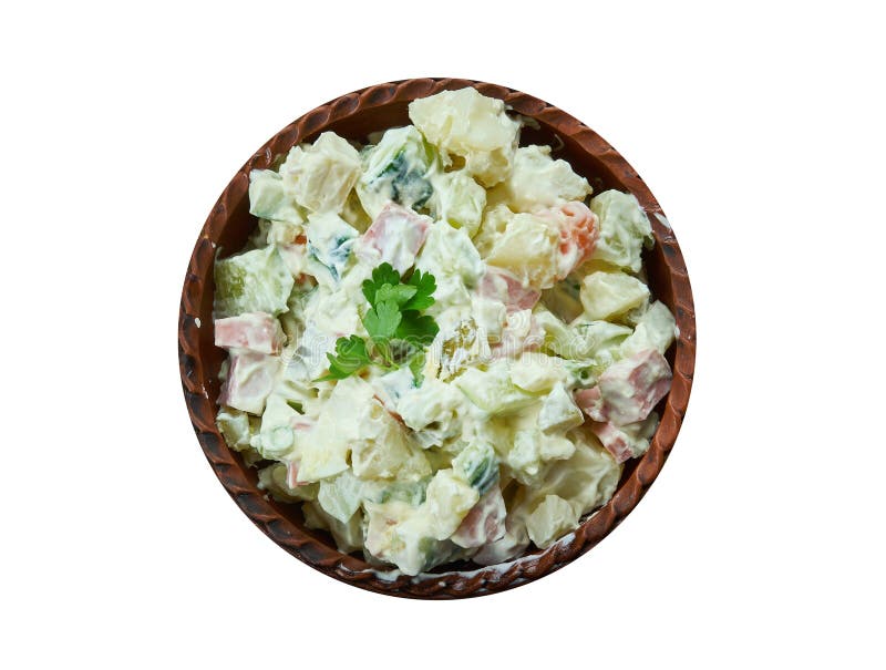 Rosols, Latvian Potato Salad, Latvian cuisine, Traditional assorted dishes, Top view. Rosols, Latvian Potato Salad, Latvian cuisine, Traditional assorted dishes, Top view