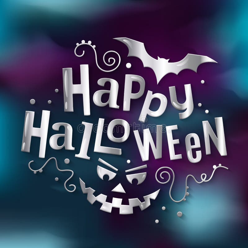 Lettrage argenté élégant heureux de Halloween, salutation avec le visage effrayant de potiron et batte Illustration de vecteur illustration libre de droits Lettrage argenté élégant heureux de Halloween, salutation avec le visage effrayant de potiron et batte Illustration de vecteur illustration libre de droits
