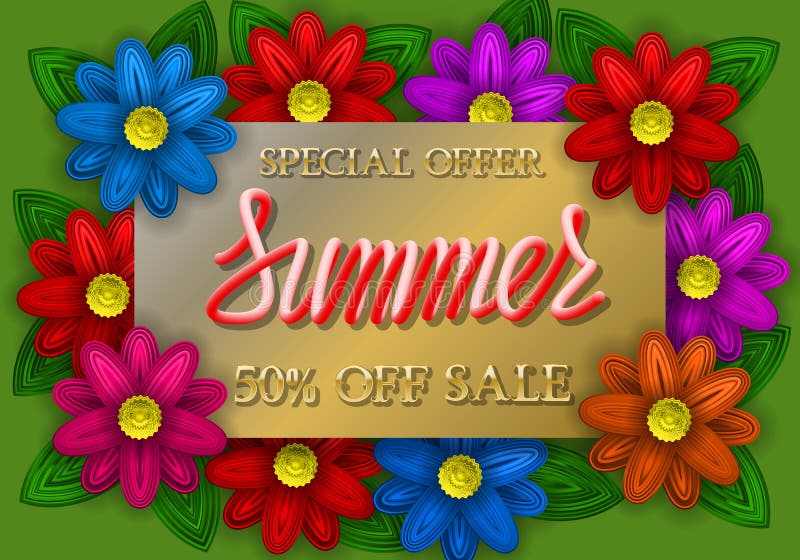 Lettrage d'or et rouge d'offre spéciale de vente d'été de gradient de plat d'or avec les fleurs colorées illustration libre de droits Lettrage d'or et rouge d'offre spéciale de vente d'été de gradient de plat d'or avec les fleurs colorées illustration libre de droits