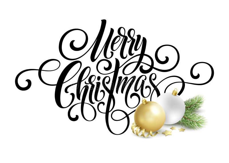 Lettrage de manuscrit d'écriture de Joyeux Noël Fond de salutation avec un arbre et des décorations de Noël Vecteur illustration libre de droits Lettrage de manuscrit d'écriture de Joyeux Noël Fond de salutation avec un arbre et des décorations de Noël Vecteur illustration libre de droits