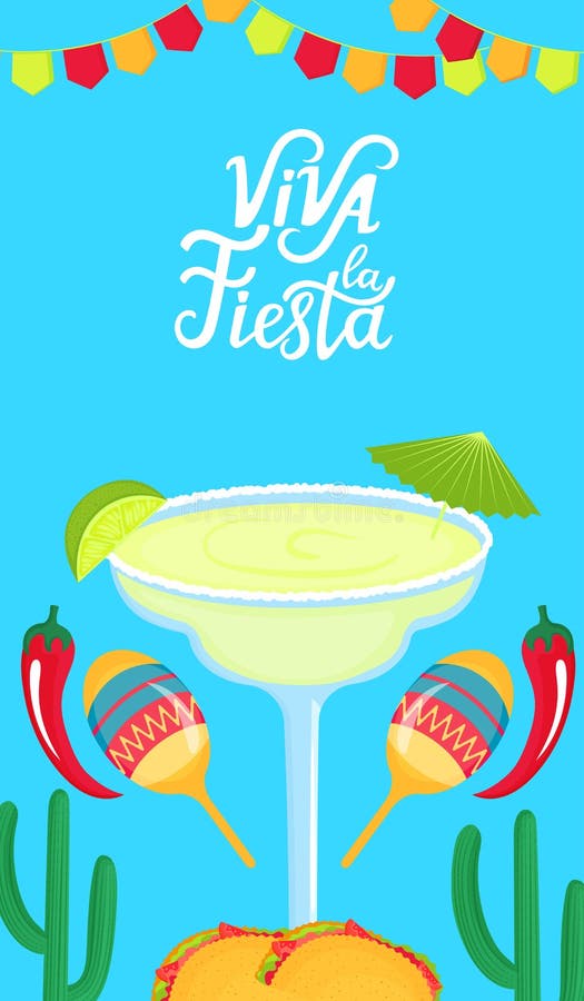 Lettrage tiré par la main de Viva la Fiesta Banni?re mexicaine de f?te Margarita avec le poivre de chaux, de maracas, de cactus e illustration stock Lettrage tiré par la main de Viva la Fiesta Banni?re mexicaine de f?te Margarita avec le poivre de chaux, de maracas, de cactus e illustration stock