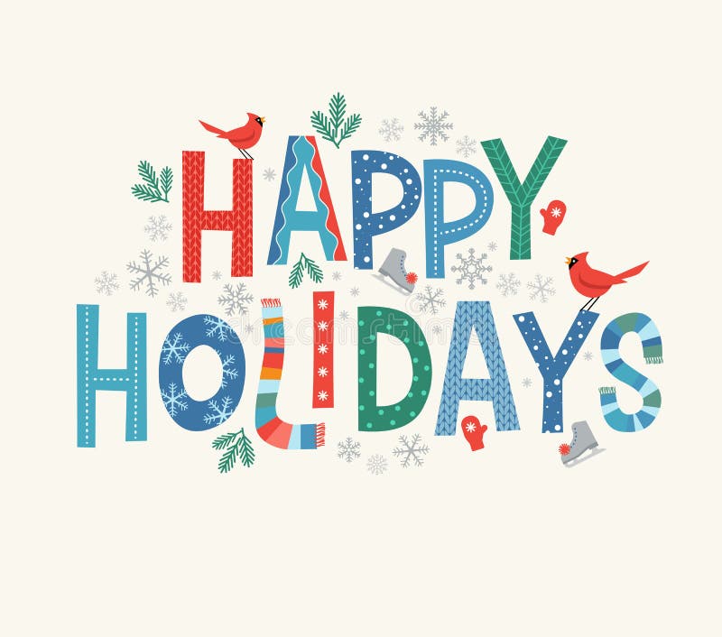 Lettres colorées Happy Holidays avec éléments décoratifs saisonniers