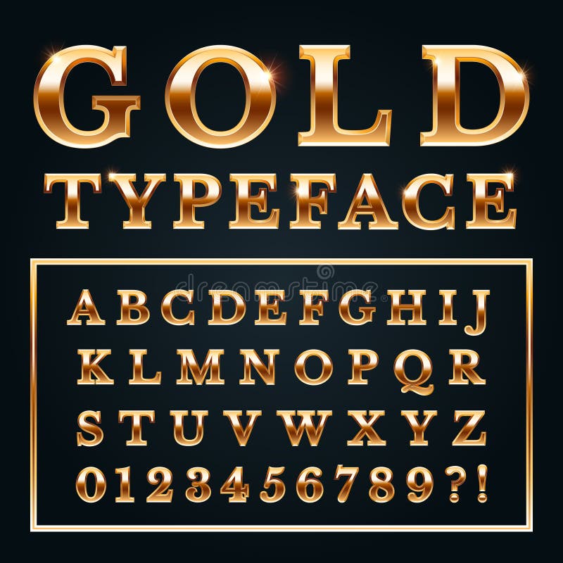 Lettres d'or avec des gradients en métal d'éclat d'or Police brillante d'empattement d'alphabet et de nombres pour le vecteur de illustration libre de droits Lettres d'or avec des gradients en métal d'éclat d'or Police brillante d'empattement d'alphabet et de nombres pour le vecteur de illustration libre de droits