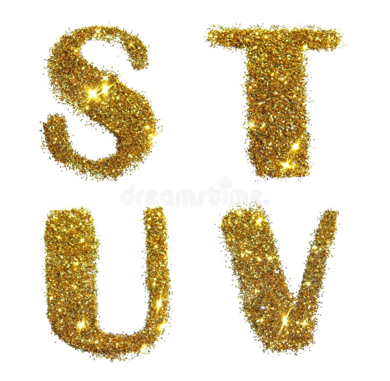 Lettres S, T, U, V d'étincelle d'or de scintillement sur le fond blanc