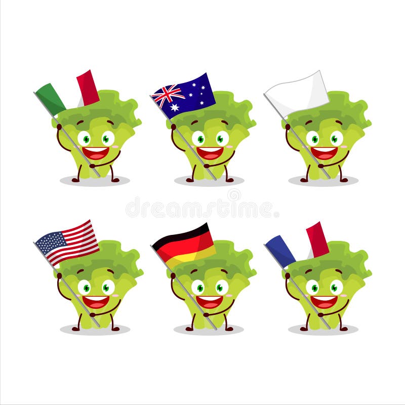  Lettuge Personaje De Dibujos Animados Llevar Las Banderas De Varios Países Ilustración del Vector