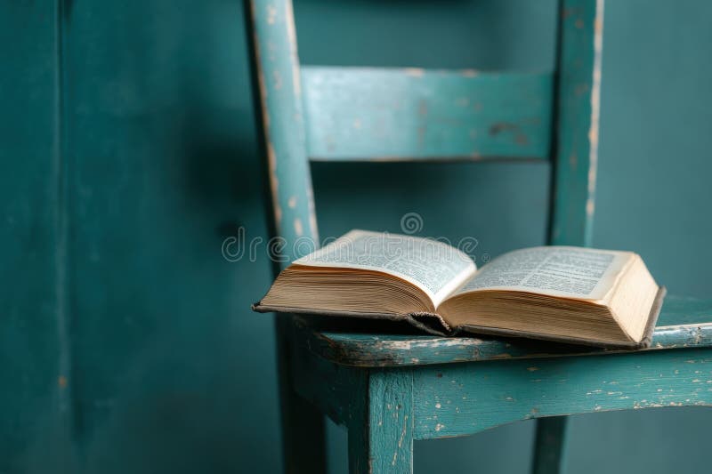 Lettura d'annata un antico libro poggia su una sedia logorata bagnata di luce morbida, invitando quieta contemplazione e fotografia stock