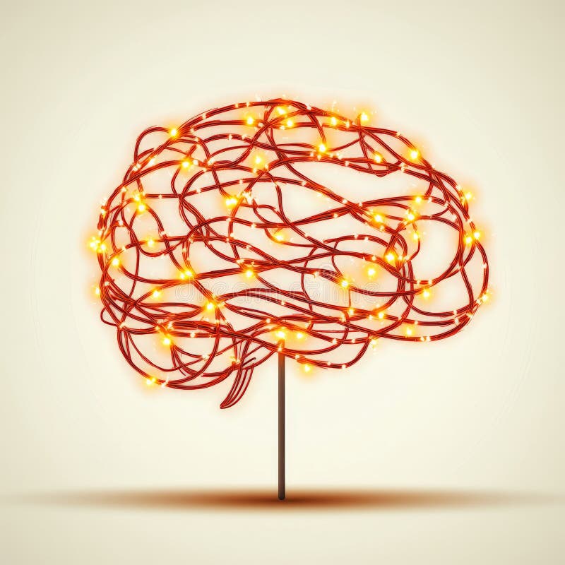 Leuchtbildhauerei mit leuchtenden orangefarbenen Drähten, die neuronale Konnektivität und Kreativität in moderner Kunst zeigen, un vektor abbildung