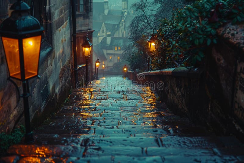 Leuchtende Gasse in einer historischen Stadt Europas, das Licht verwischt mit den Ziegeln lizenzfreie stockfotografie