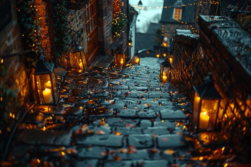 Leuchtende Gasse in einer historischen Stadt Europas, das Licht verwischt mit den Ziegeln stockfotos