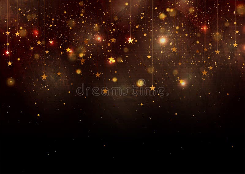 Leuchtende goldene hängende Sterne und glänzende Partikel abstrakter Grunge Hintergrund lizenzfreie abbildung
