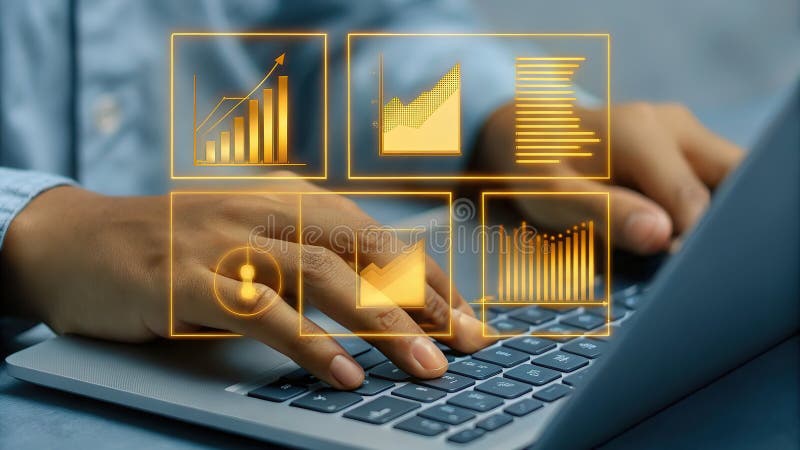 Leuchtende Persönentypen auf einem Laptop mit projizierten goldenen Datentabellen sichtbar lizenzfreie abbildung
