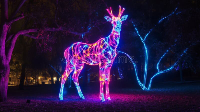 Leuchtende rosa und blaue Hirschskulptur bei Nacht lizenzfreie abbildung