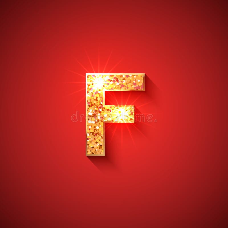 Leuchtender goldener Buchstabe f auf rotem Hintergrund lizenzfreie abbildung