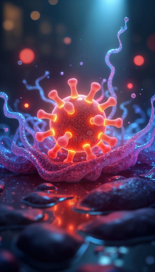 Leuchtendes, digitales Virupartikel, lebendiges farbabstraktes Design. Mikroskopische Infektionsbiologie. Medizinwissenschaft stock abbildung
