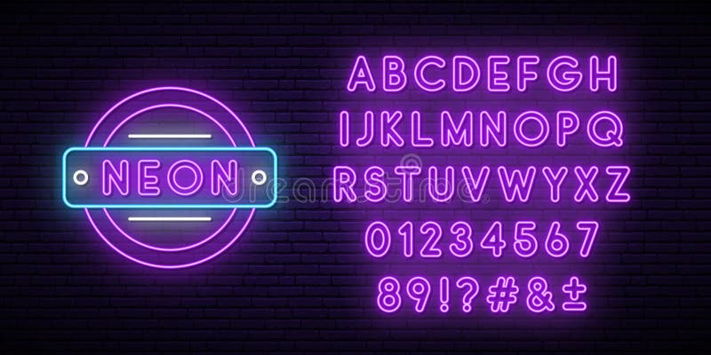 Leuchtendes violettes Neonalphabet auf dunklem Backstein. stock abbildung