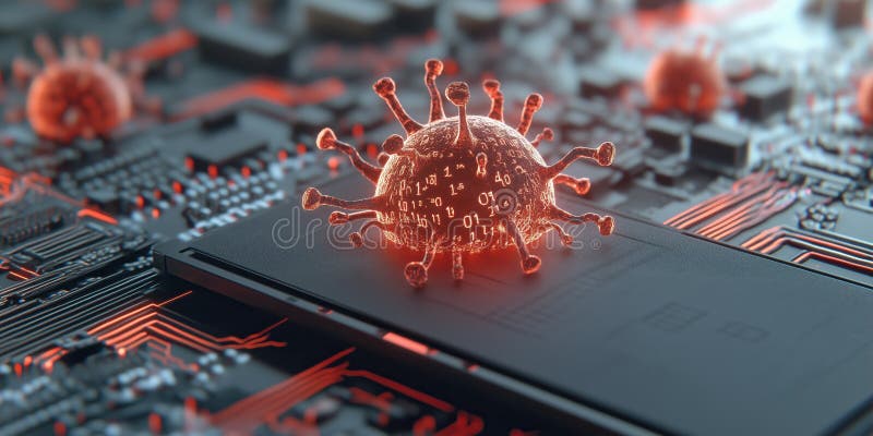 Leuchtendes Virensymbol mit binärem Code auf der Platine, das Cybersicherheitsbedrohungen darstellt lizenzfreie abbildung