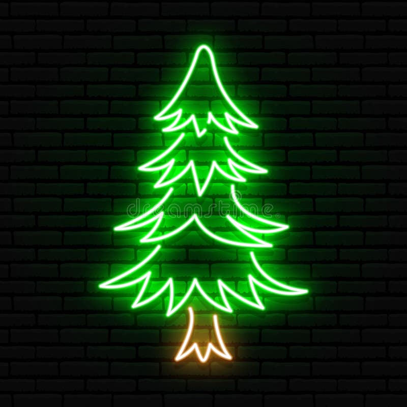 Leuchtreklame in Form eines Weihnachtsbaum verglichen. gegen eine Ziegelmauer mit einem Schatten lizenzfreie abbildung